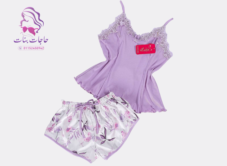 بيجامة شورت حريمي – توب قطن ناعم بأكمام قصيرة مع شورت حرير أنيق