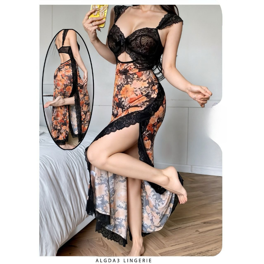 قميص نوم طويل مشجر – تصميم أنثوي مريح بخامة ناعمة وألوان راقية