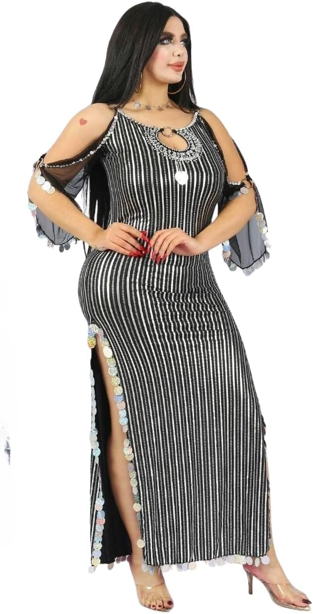 جلابية شرقية للنساء – مزينة بالترتر – تصميم مقلم بالأسود والفضي – مناسبة للحفلات والعروض – مقاس موحد