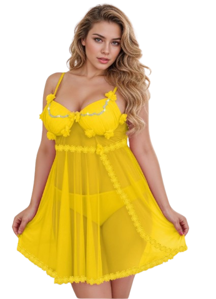 لانجيري نسائي قميص نوم من التل مزين بالورد – تصميم أنثوي راقٍ وجذاب بخامة شفافة ناعمة – فري سايز يناسب حتى 85كجم