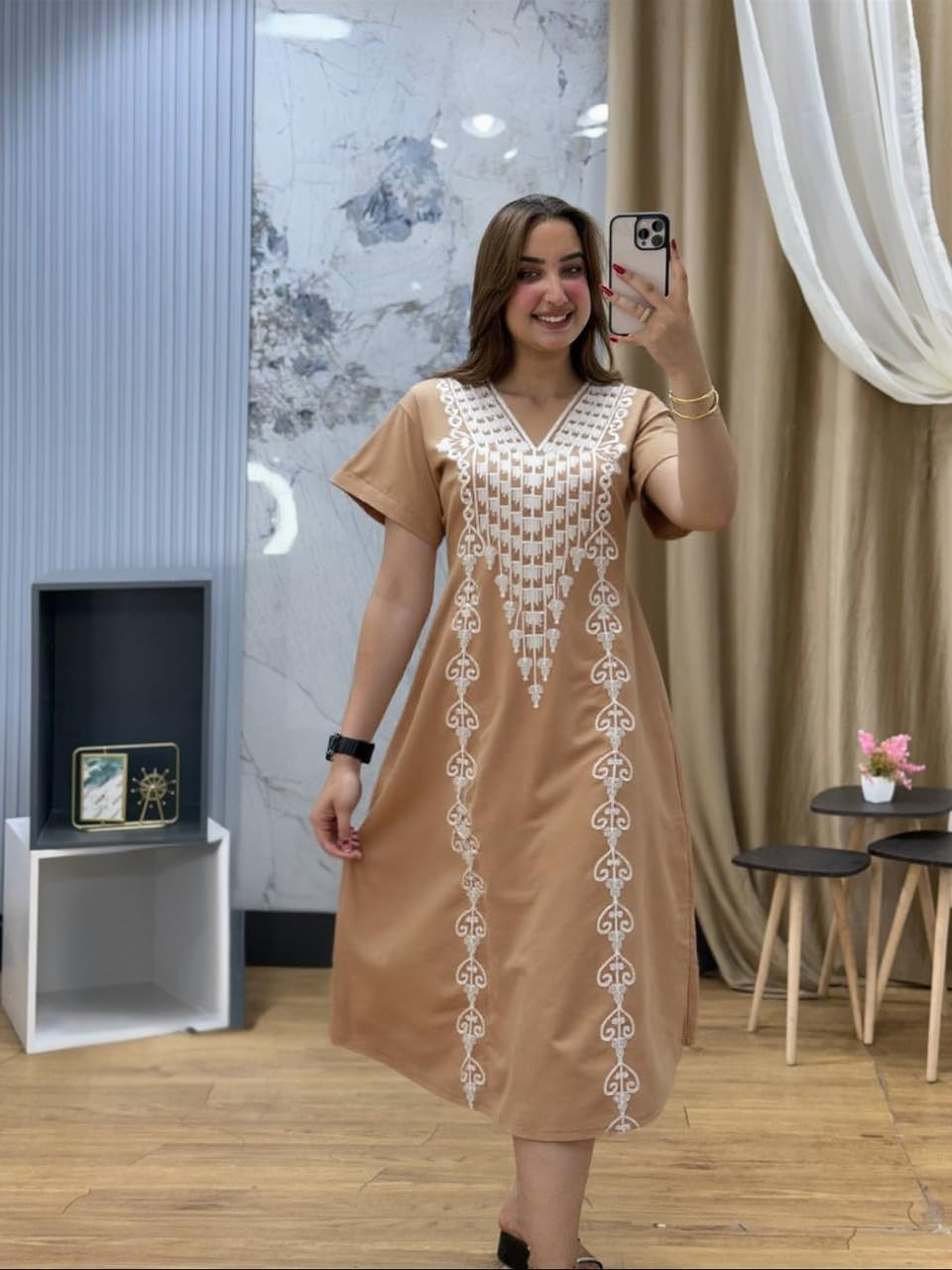 جلابية حريمي بيتي صيفي قطن مراسي ناعم – نص كم بطول تحت الركبة – مقاسات حتى 120 كجم