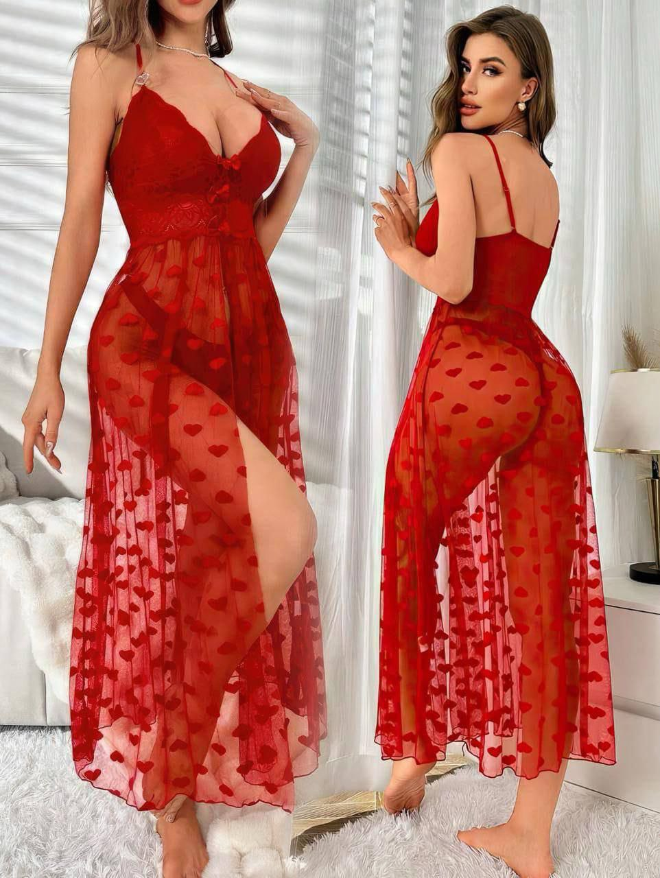 قميص نوم طويل تل شفاف برسم القلوب – تصميم فاخر وأنثوي بخامة ناعمة